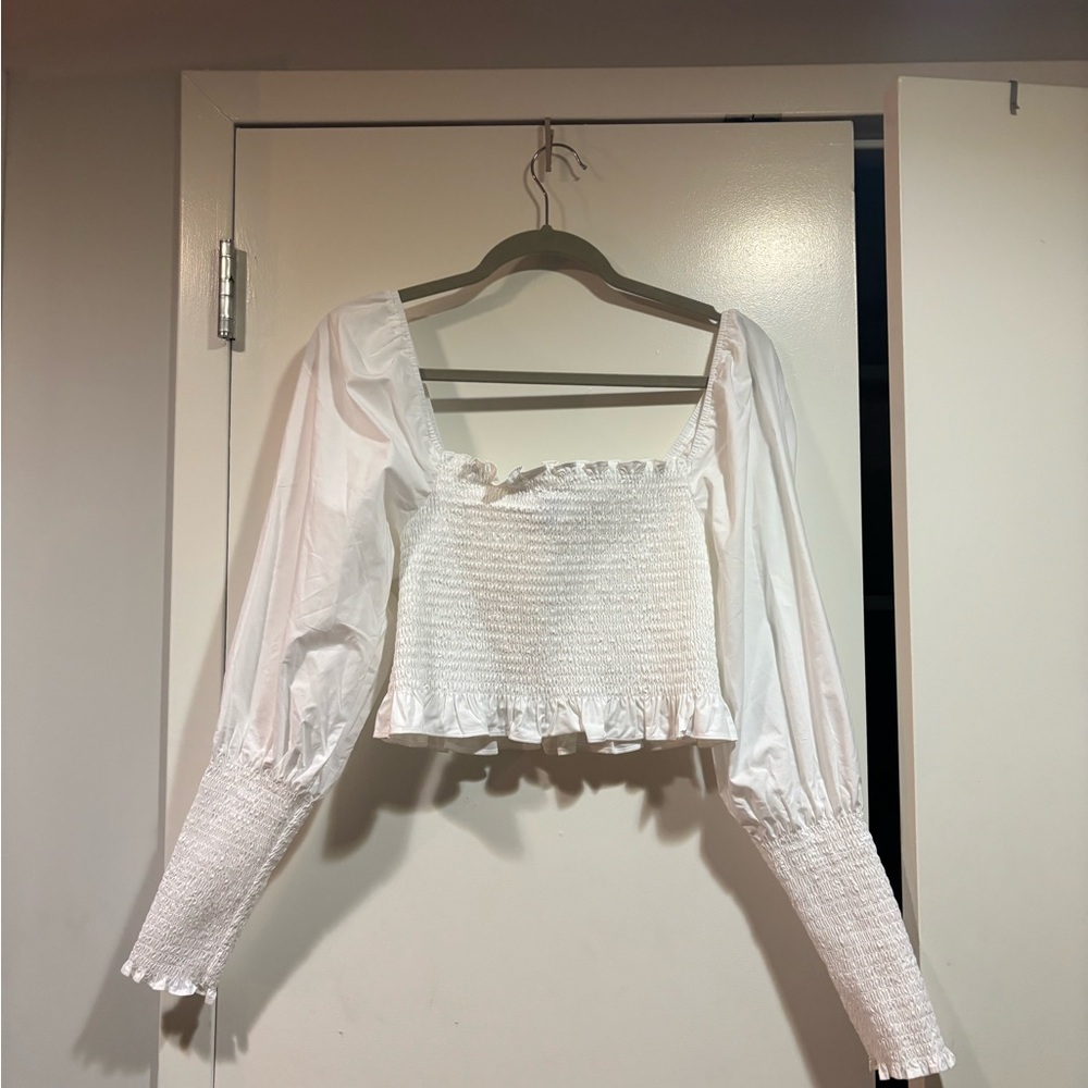 Hill House White Smocked Long-Sleeve Crop Top